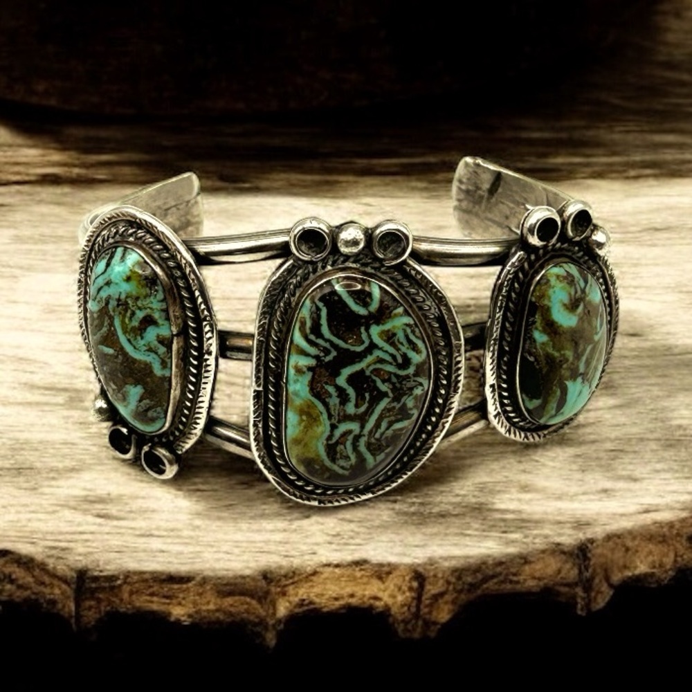 Vintage Native SW Signed Sterling Silver 3 Stone Chrysocolla? Cuff Bracelet 7”